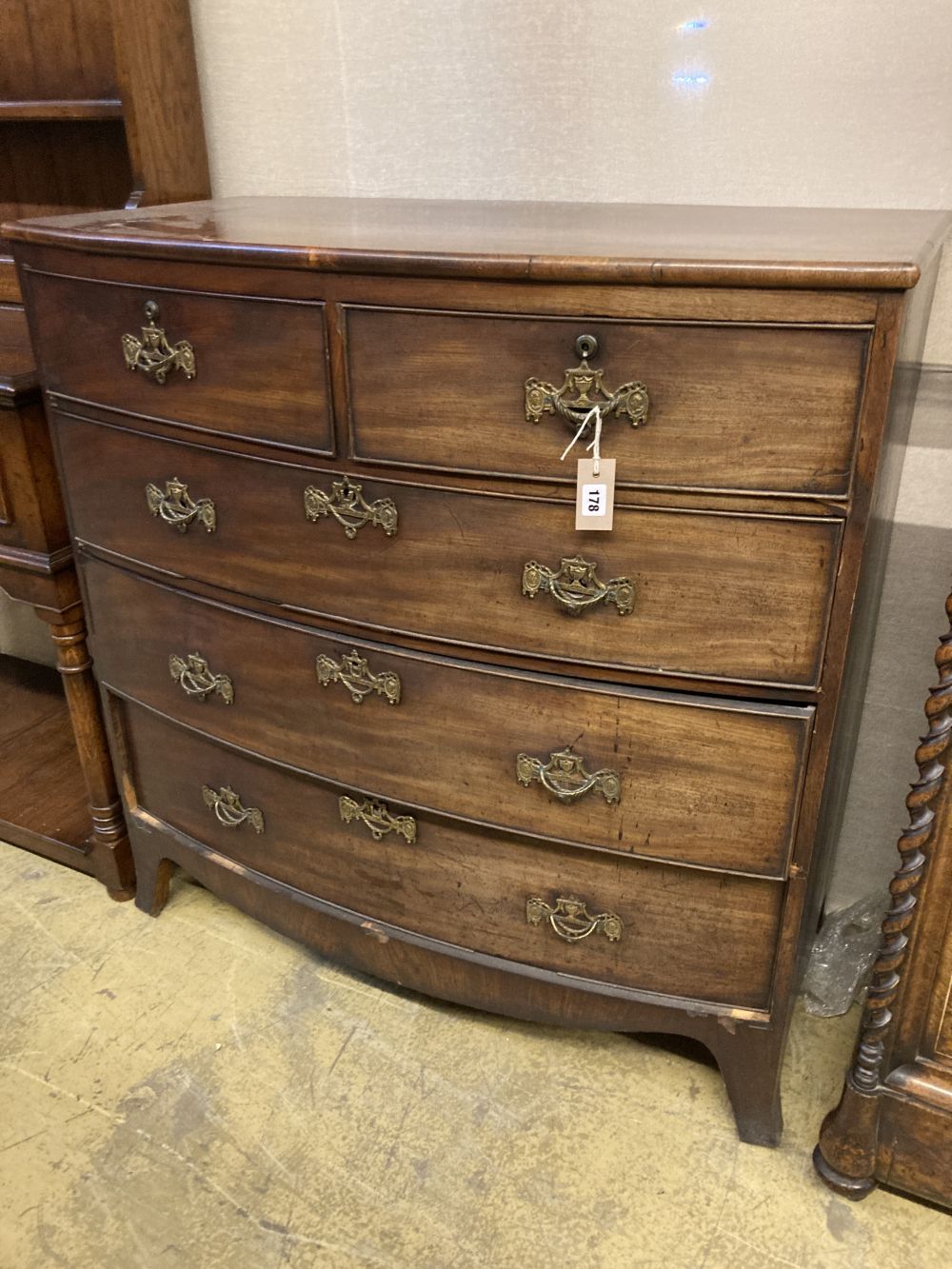A Regency mahogany bowfront chest, width 104cm depth 53cm height 107cm